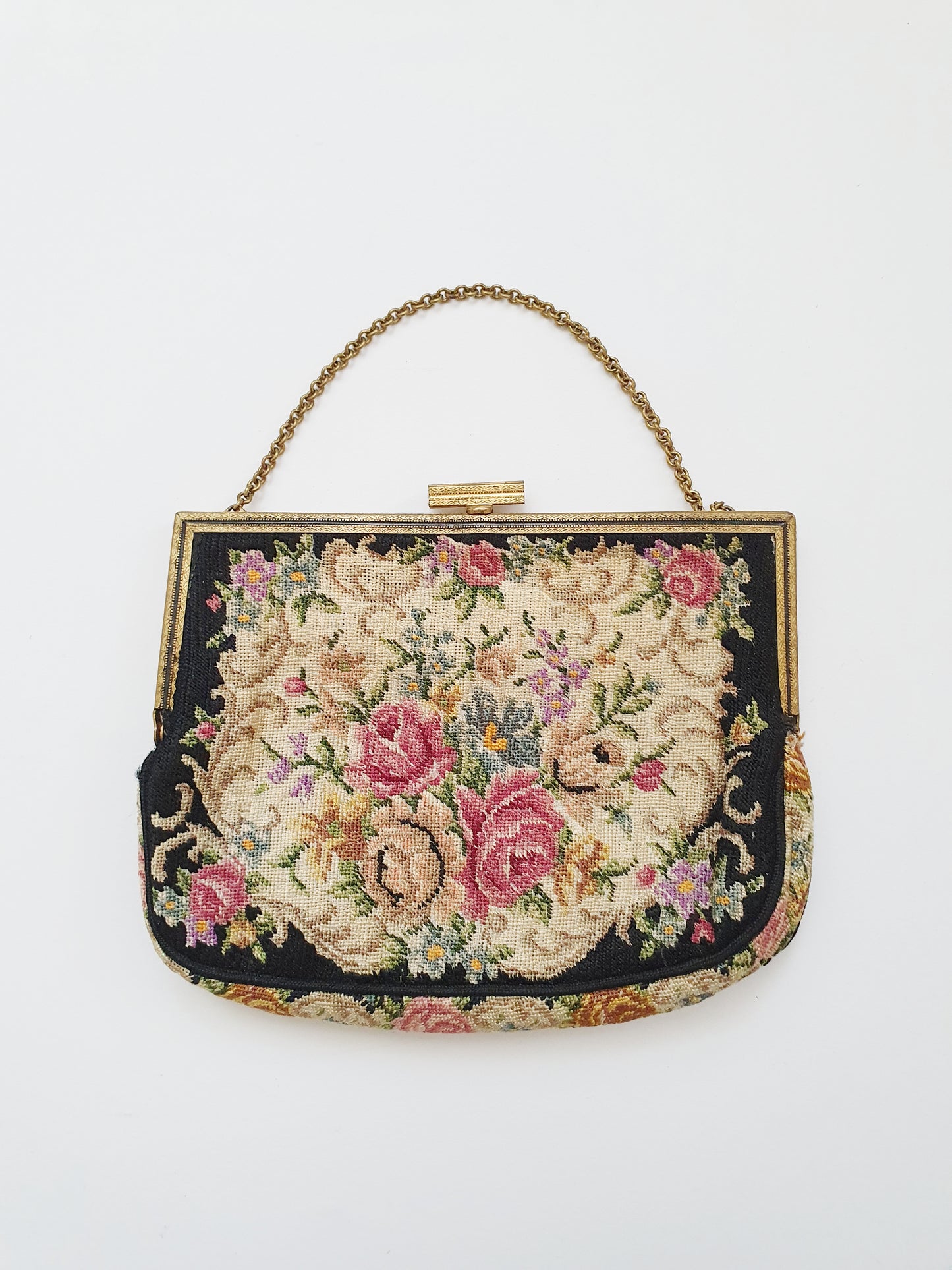 Antique Needlepoint Evening Bag with Silk Lining