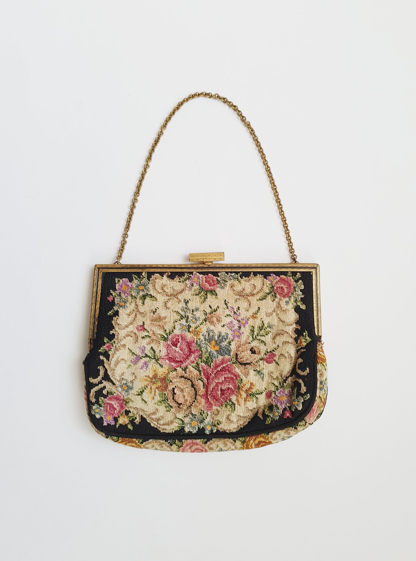 Antique Needlepoint Evening Bag with Silk Lining