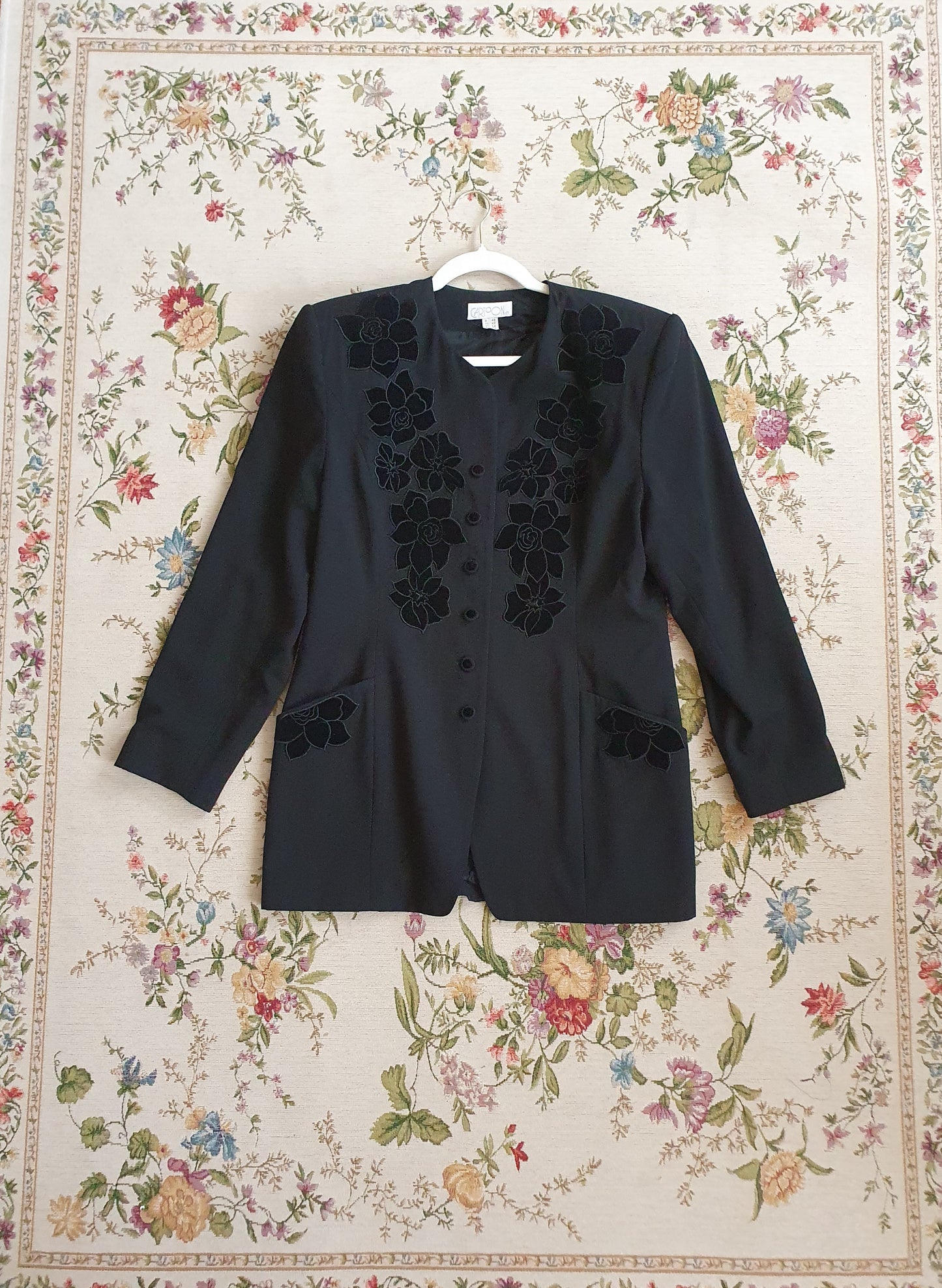 Authentic Vintage Black Cartoon Blazer With Velvet Flowers In Size XL