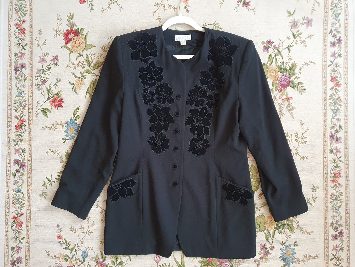 Authentic Vintage Black Cartoon Blazer With Velvet Flowers In Size XL