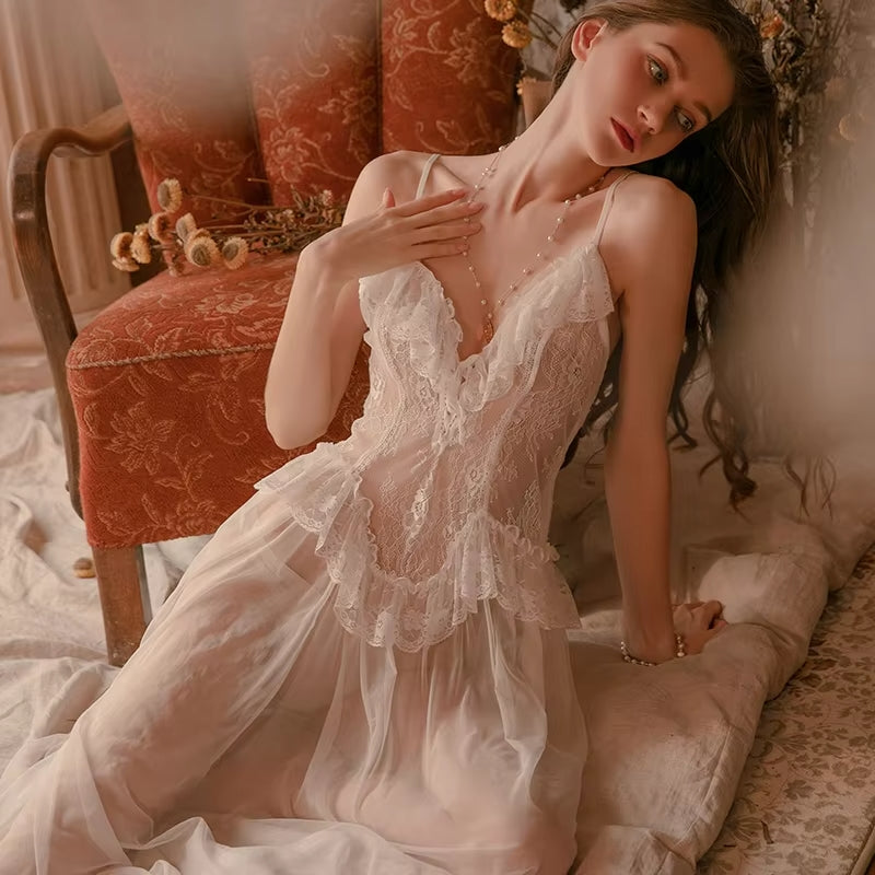 The Ethereal Bride Lace Nightgown and Kimono Set