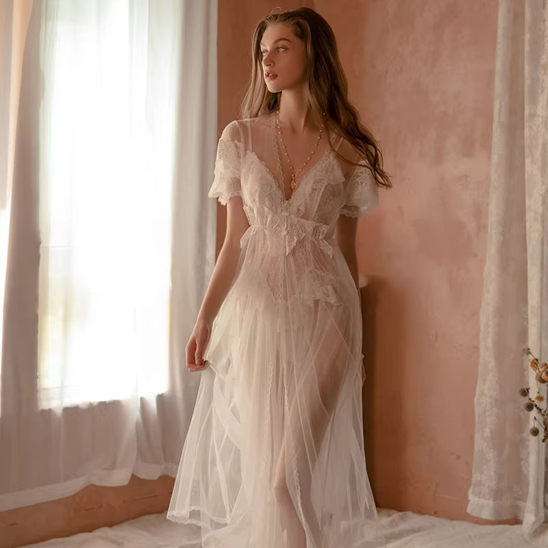 The Ethereal Bride Lace Nightgown and Kimono Set