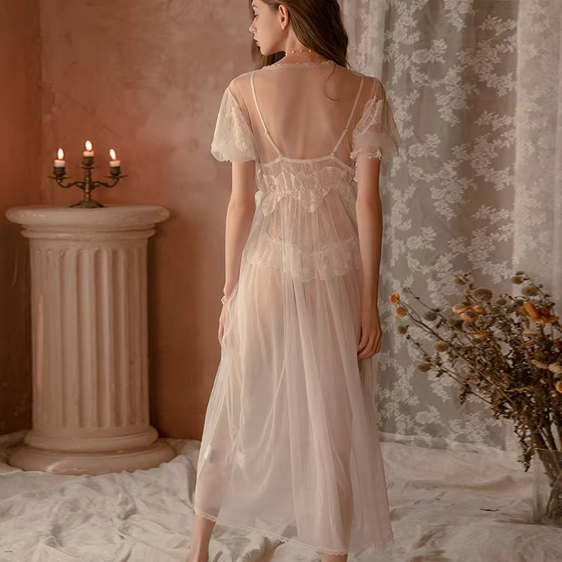 The Ethereal Bride Lace Nightgown and Kimono Set