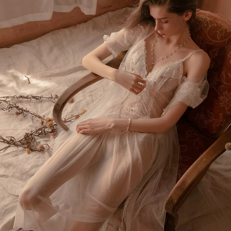 The Ethereal Bride Lace Nightgown and Kimono Set