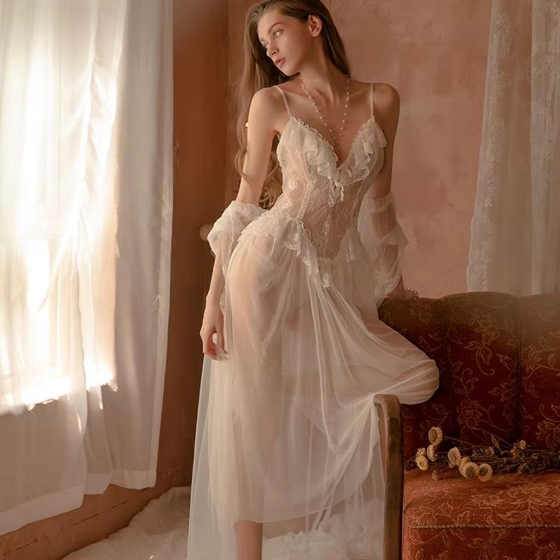 The Ethereal Bride Lace Nightgown and Kimono Set