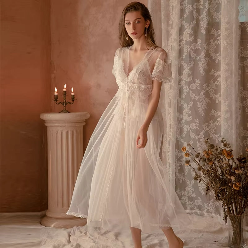 The Ethereal Bride Lace Nightgown and Kimono Set