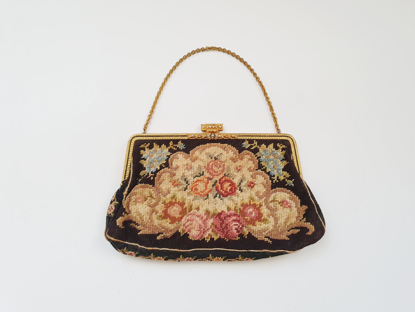 Antique Floral Needlepoint Handbag with Silk Lining