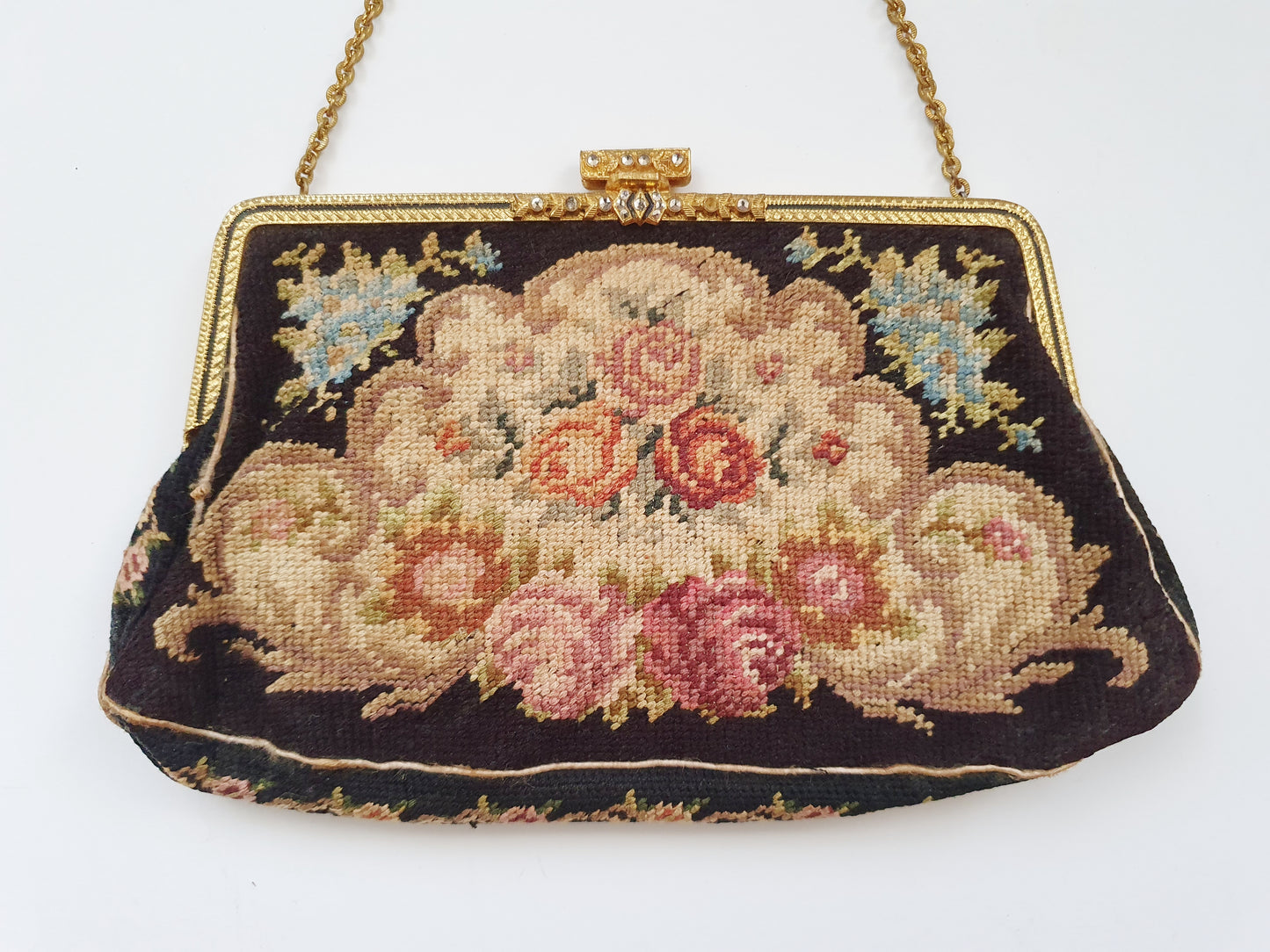 Antique Floral Needlepoint Handbag with Silk Lining