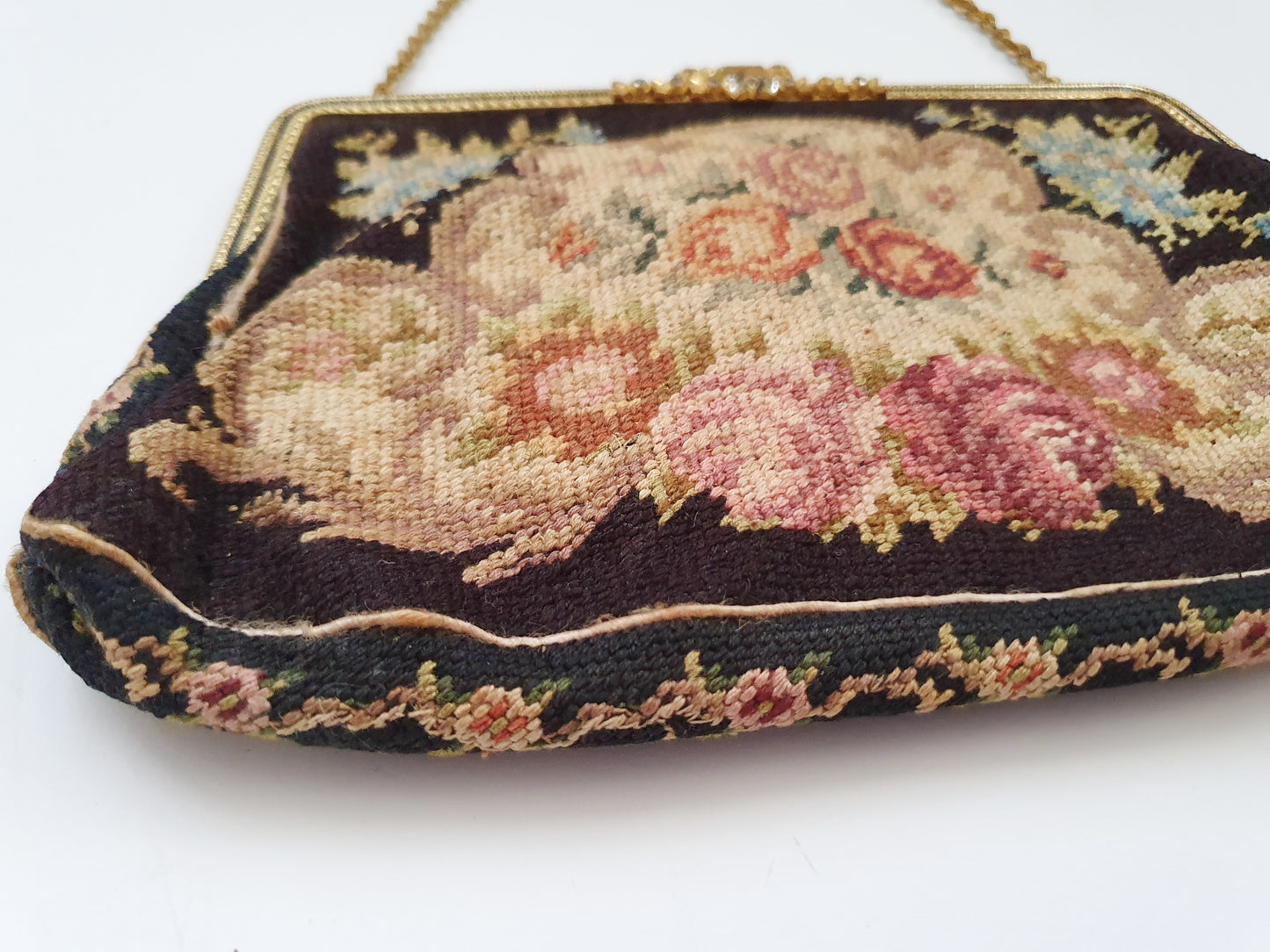 Antique Floral Needlepoint Handbag with Silk Lining