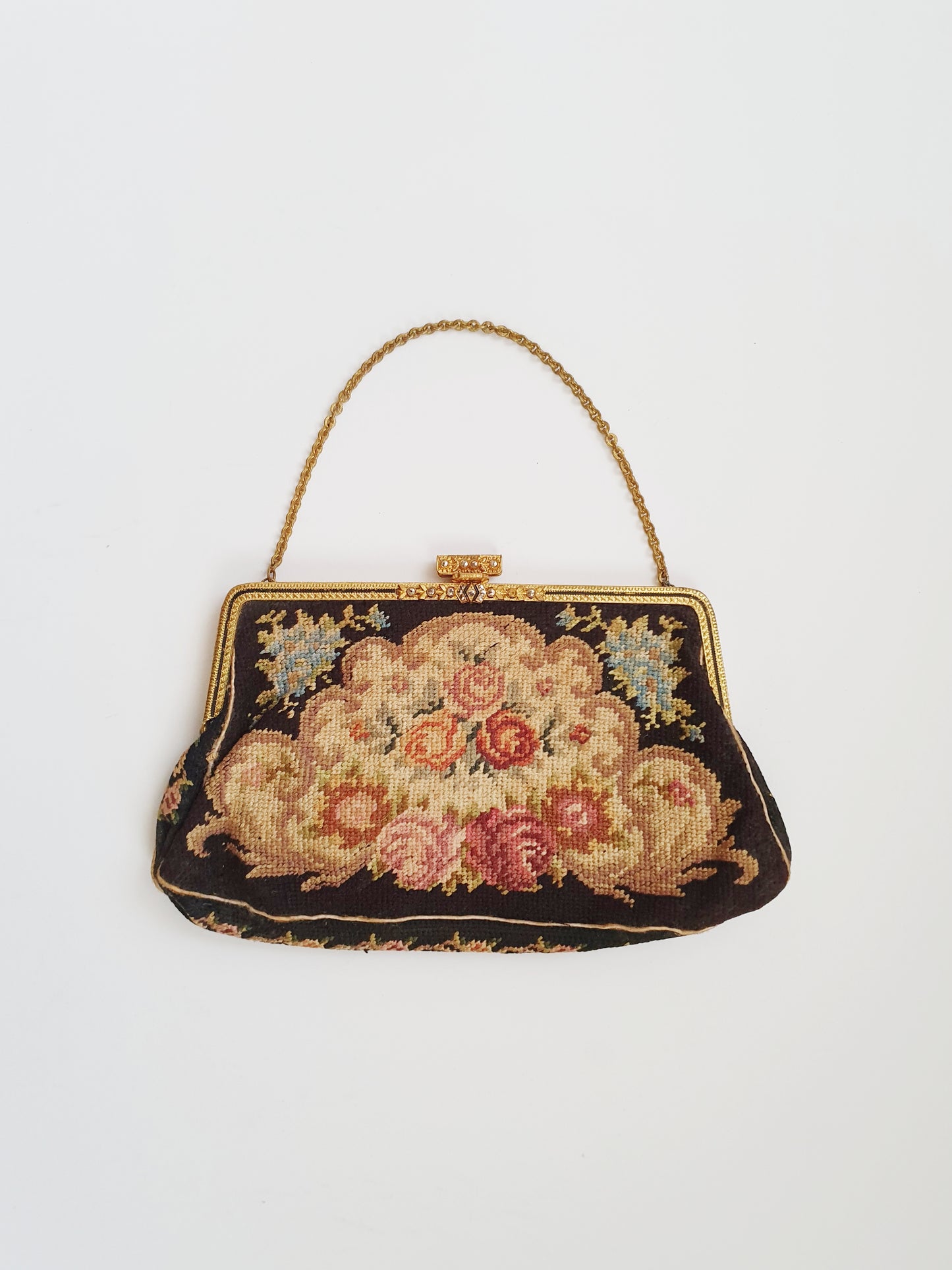 Antique Floral Needlepoint Handbag with Silk Lining