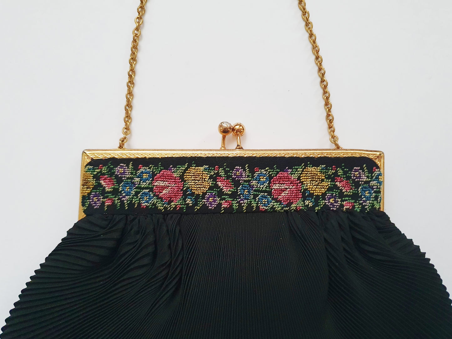 Antique Edwardian Needlepoint Handbag with Silk Lining and Gold-Tone Frame