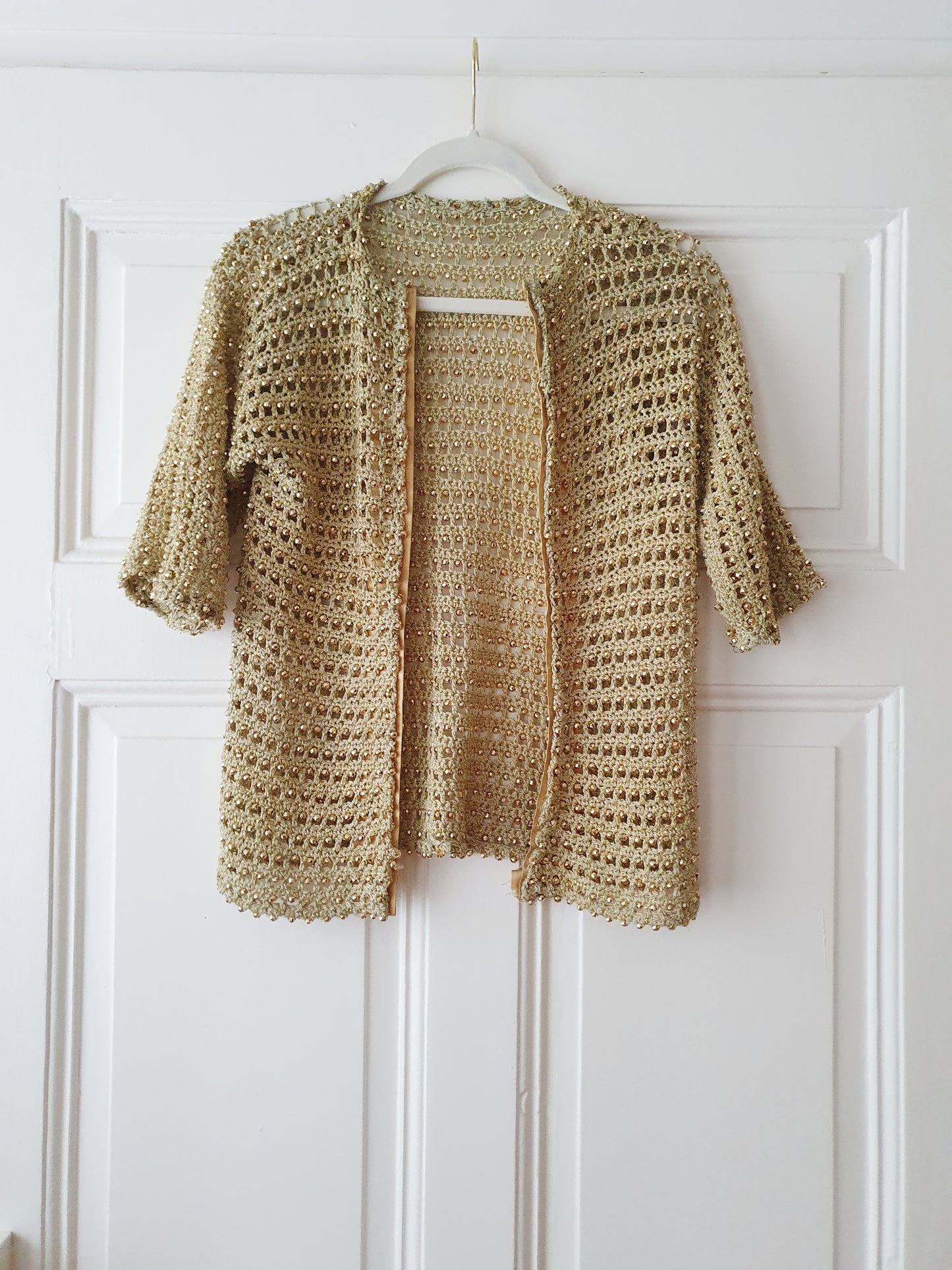 Authentic Vintage Knit Cardigan in Gold with Pearls and Silk in Size XS