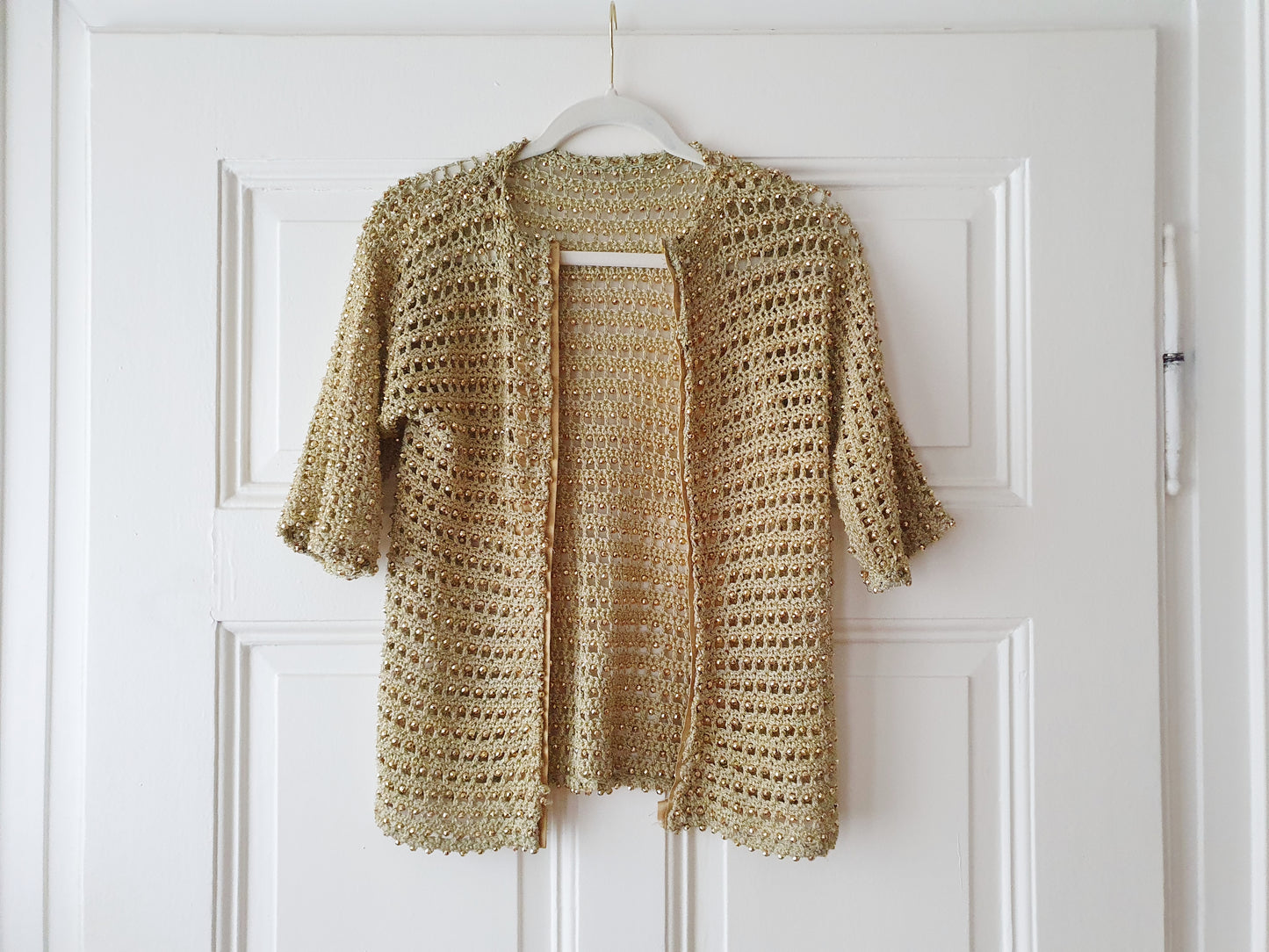 Authentic Vintage Knit Cardigan in Gold with Pearls and Silk in Size XS