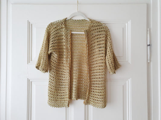 Authentic Vintage Knit Cardigan in Gold with Pearls and Silk in Size XS