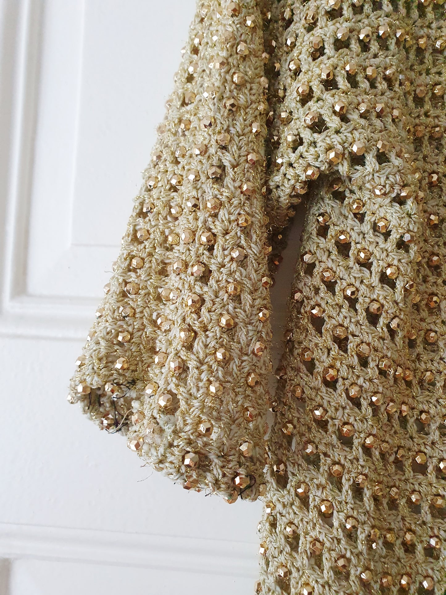 Authentic Vintage Knit Cardigan in Gold with Pearls and Silk in Size XS