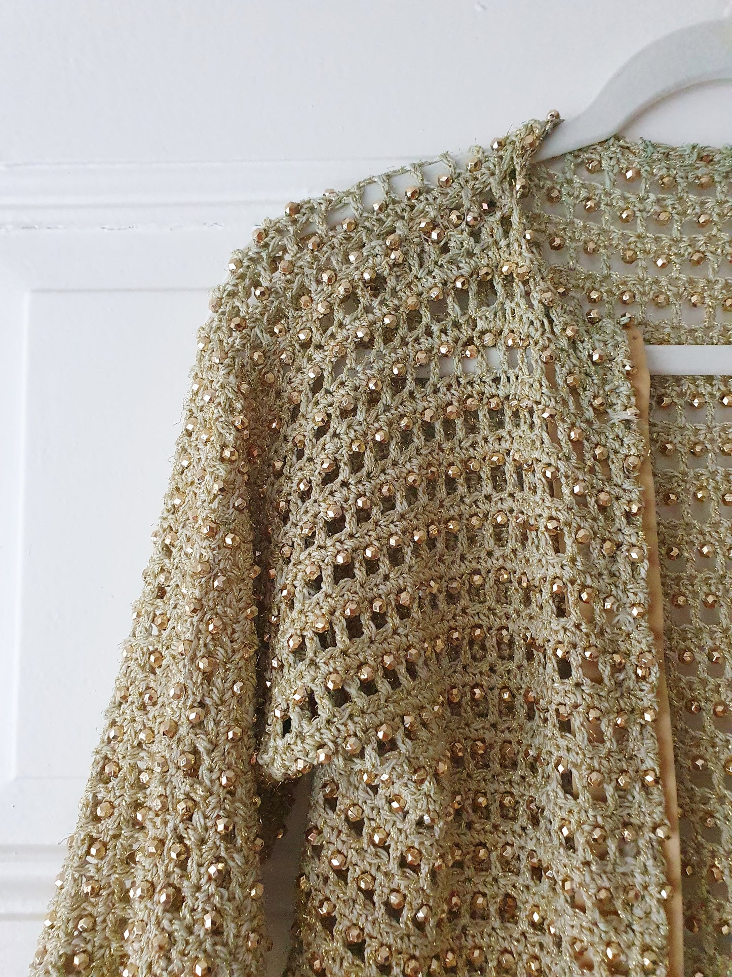 Authentic Vintage Knit Cardigan in Gold with Pearls and Silk in Size XS