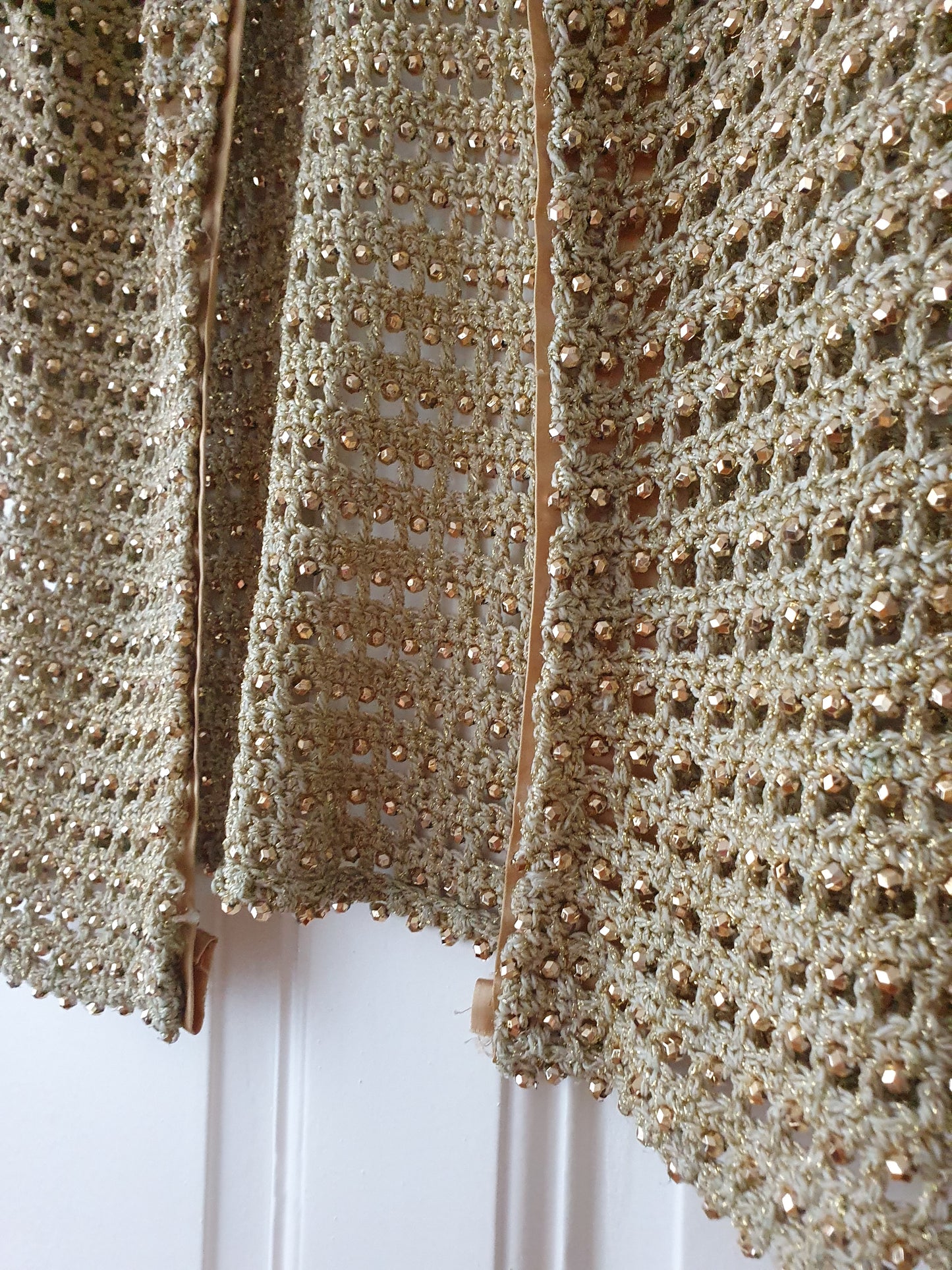 Authentic Vintage Knit Cardigan in Gold with Pearls and Silk in Size XS