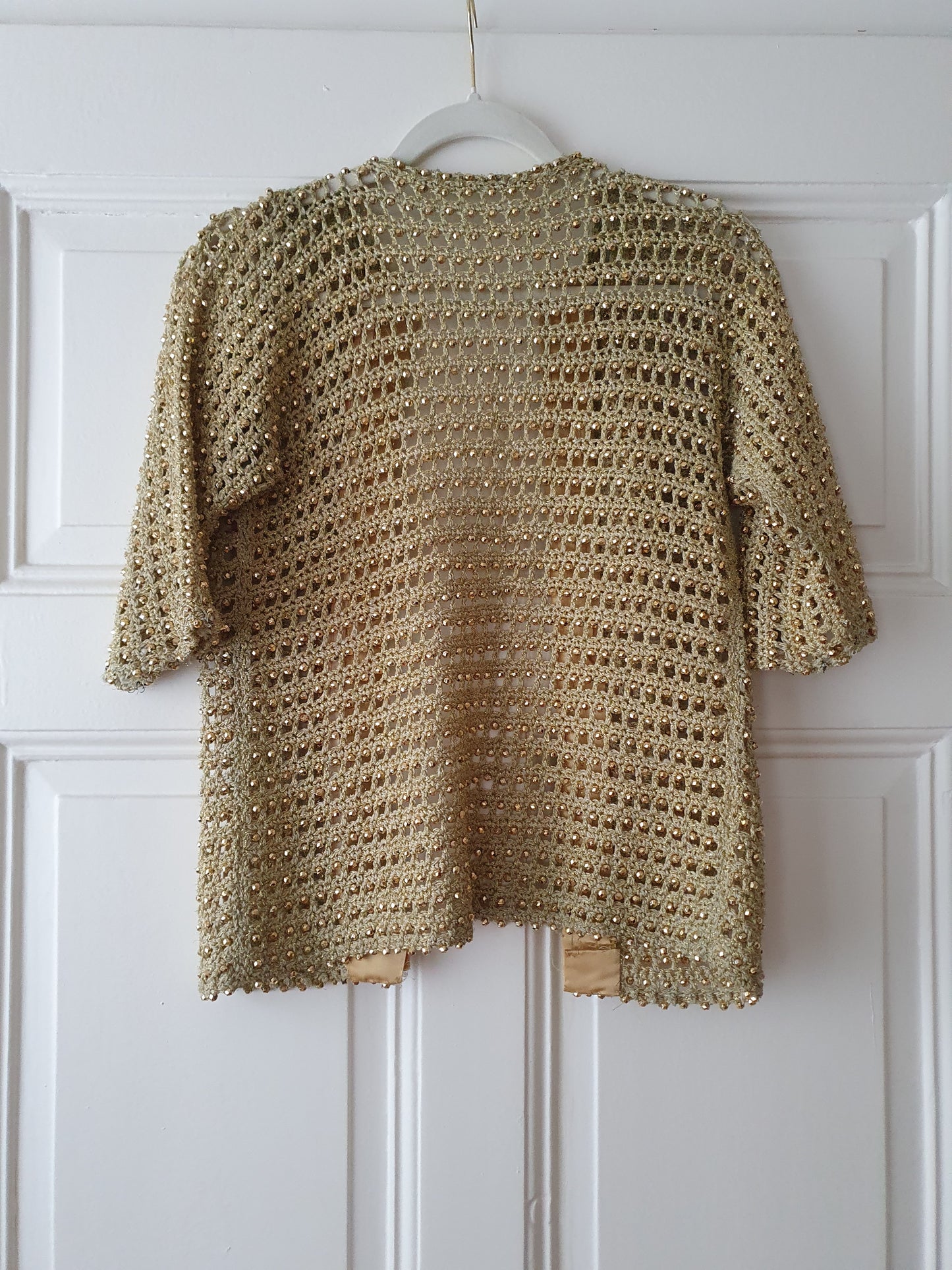 Authentic Vintage Knit Cardigan in Gold with Pearls and Silk in Size XS