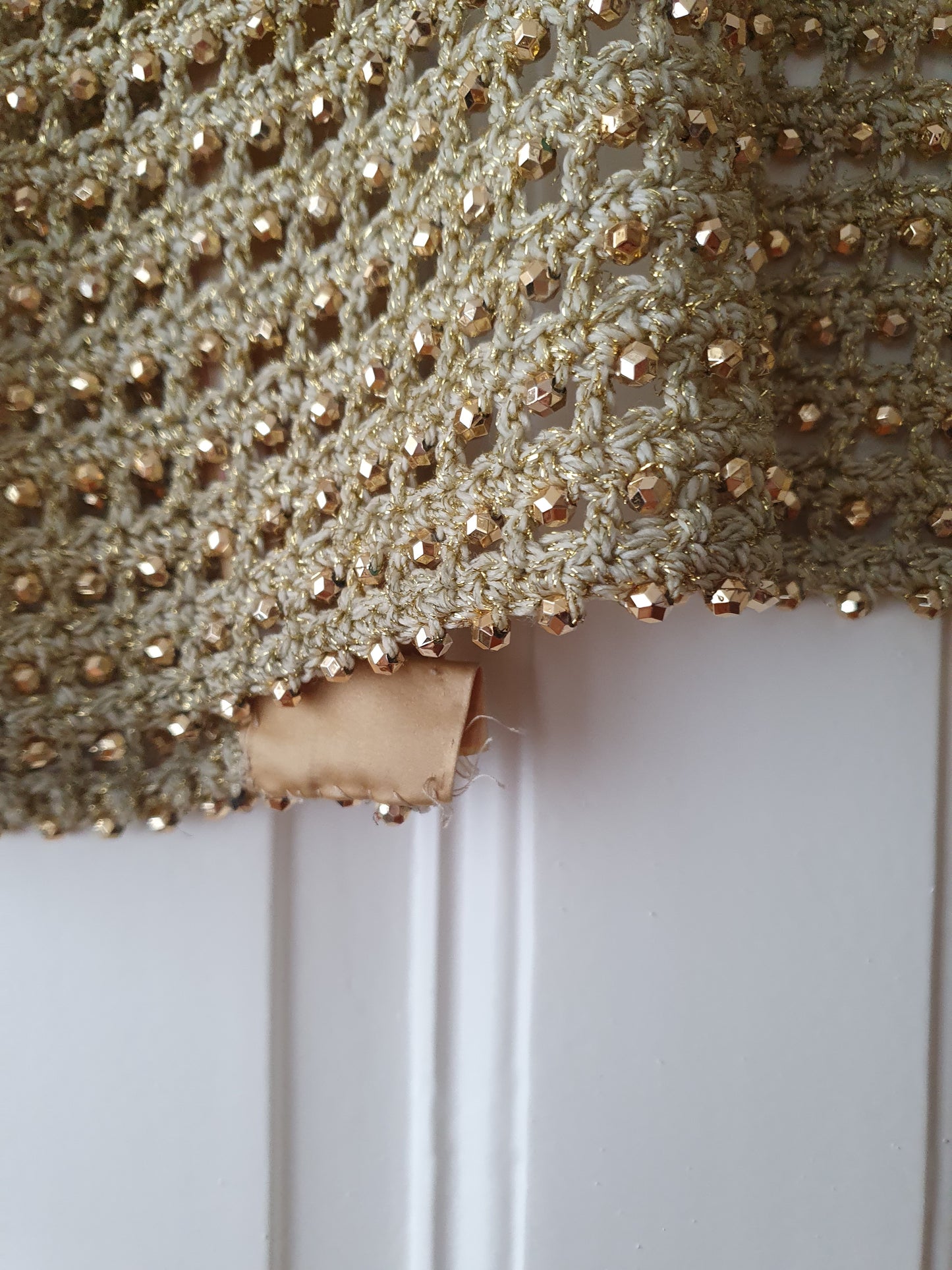 Authentic Vintage Knit Cardigan in Gold with Pearls and Silk in Size XS