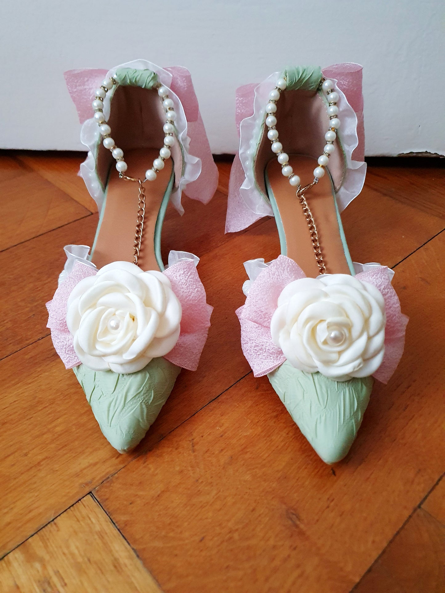 The Baroque Romance Heels In Green, Pink, and White