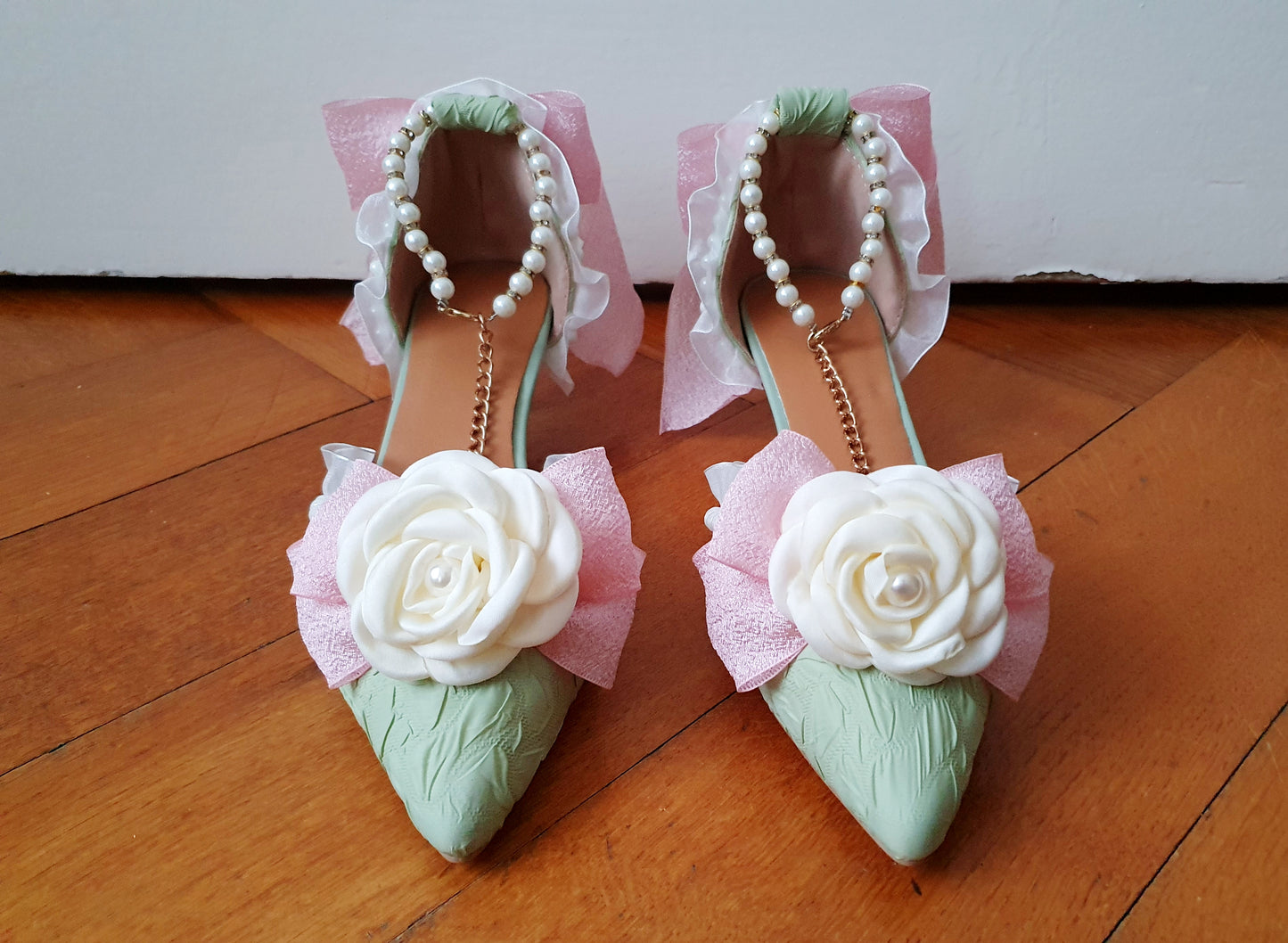 The Baroque Romance Heels In Green, Pink, and White