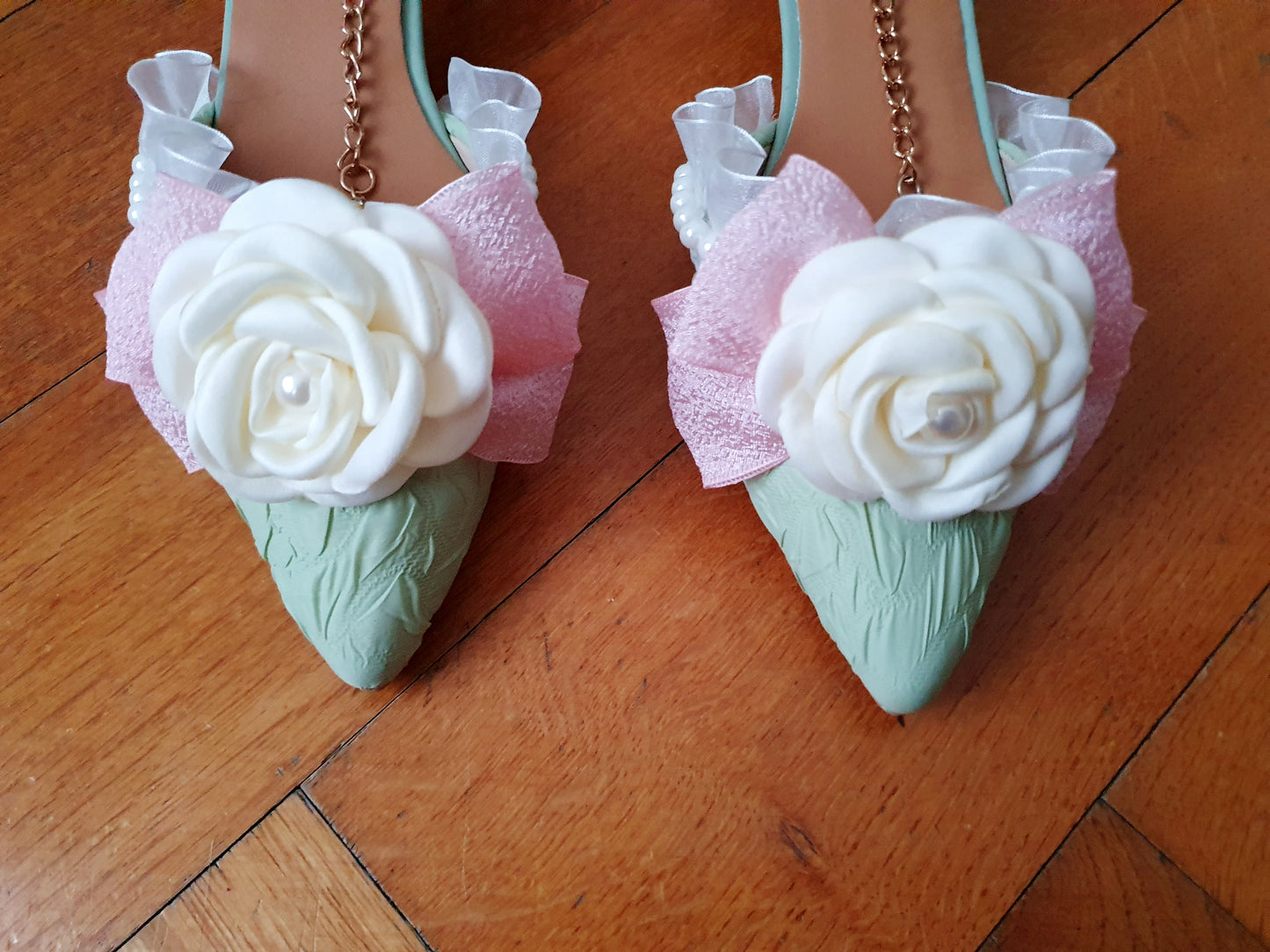 The Baroque Romance Heels In Green, Pink, and White