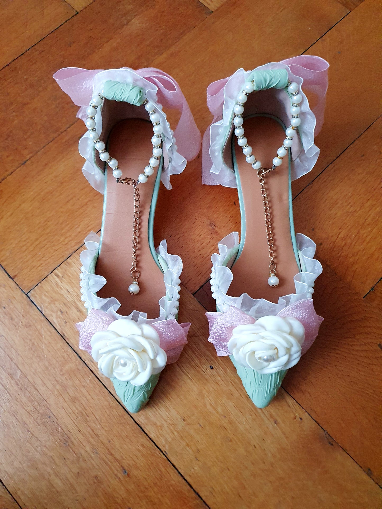 The Baroque Romance Heels In Green, Pink, and White