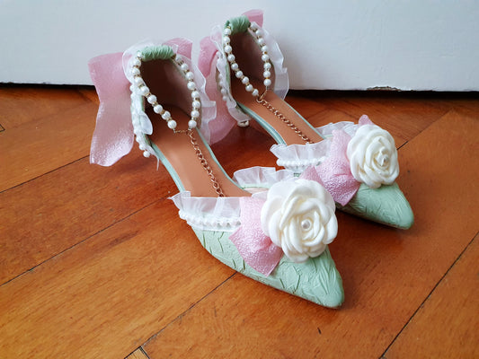 The Baroque Romance Heels In Green, Pink, and White