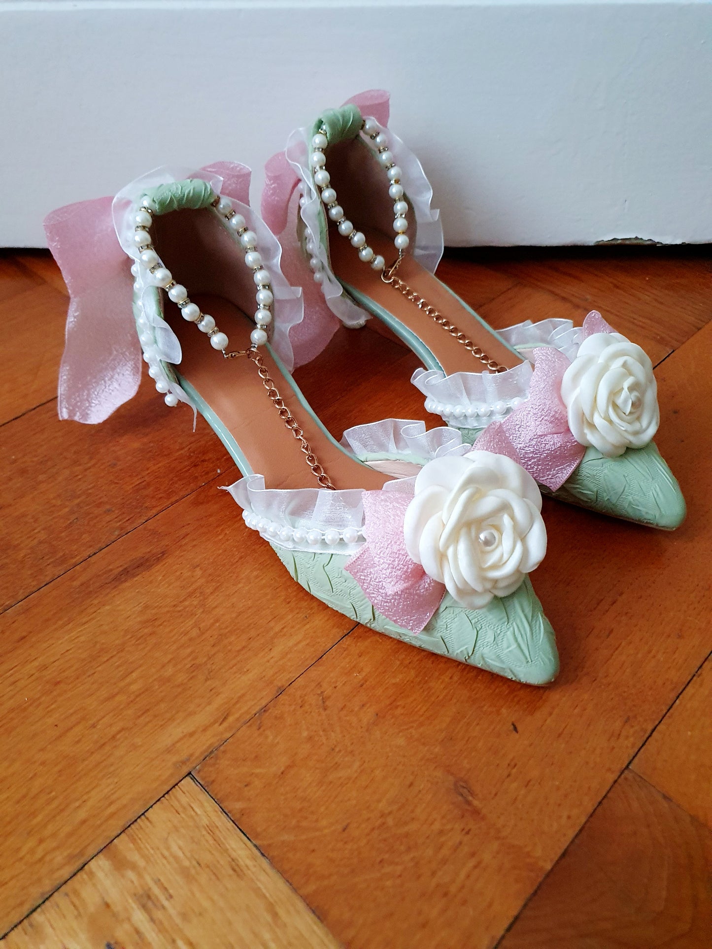 The Baroque Romance Heels In Green, Pink, and White