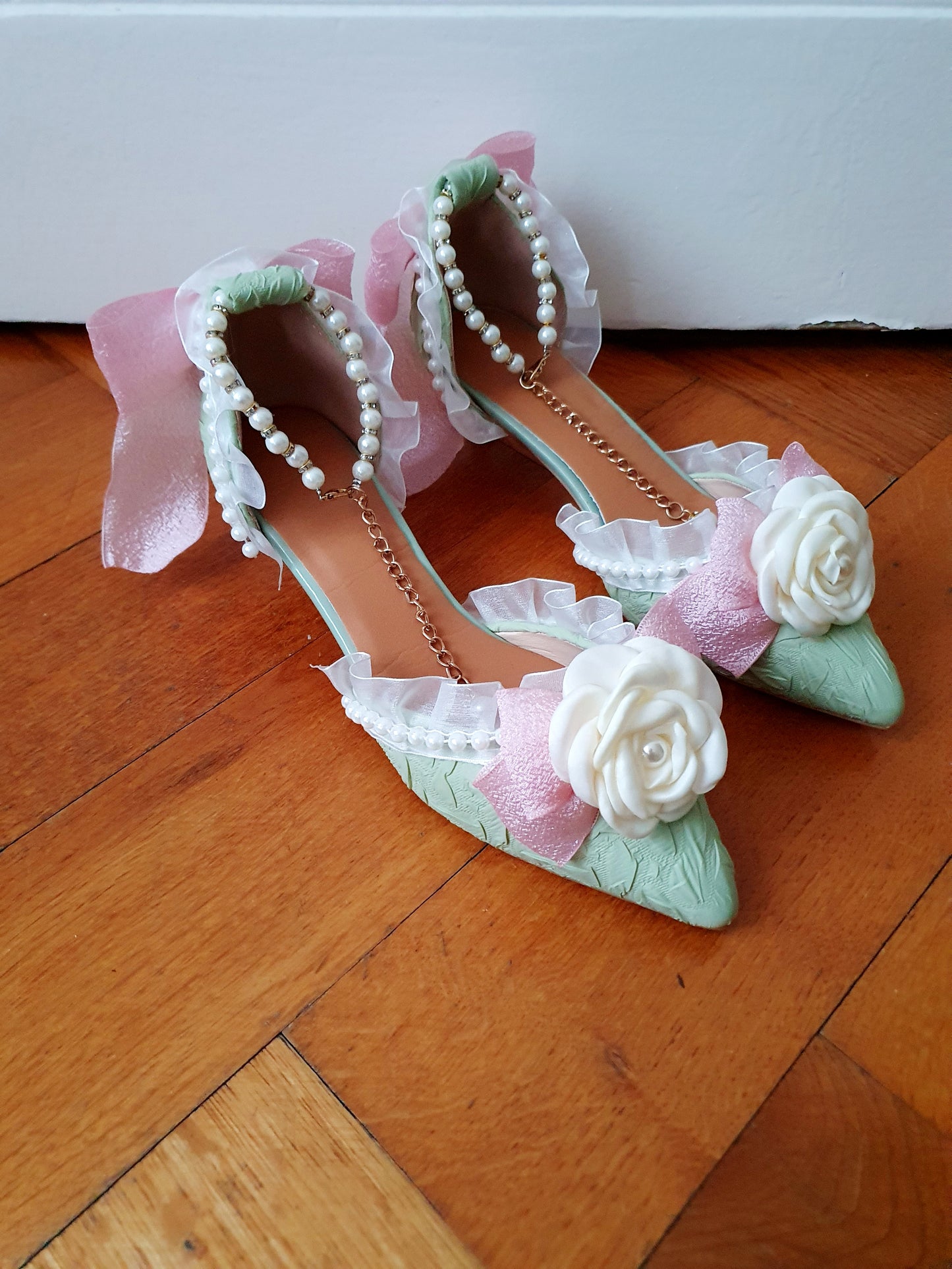 The Baroque Romance Heels In Green, Pink, and White