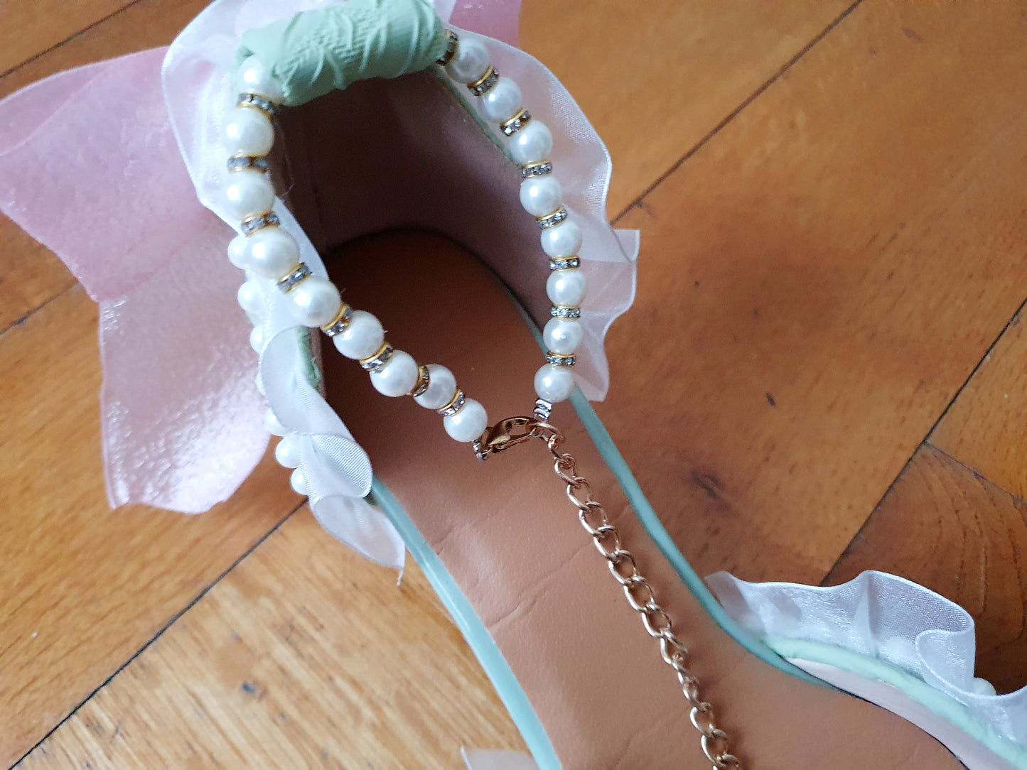 The Baroque Romance Heels In Green, Pink, and White