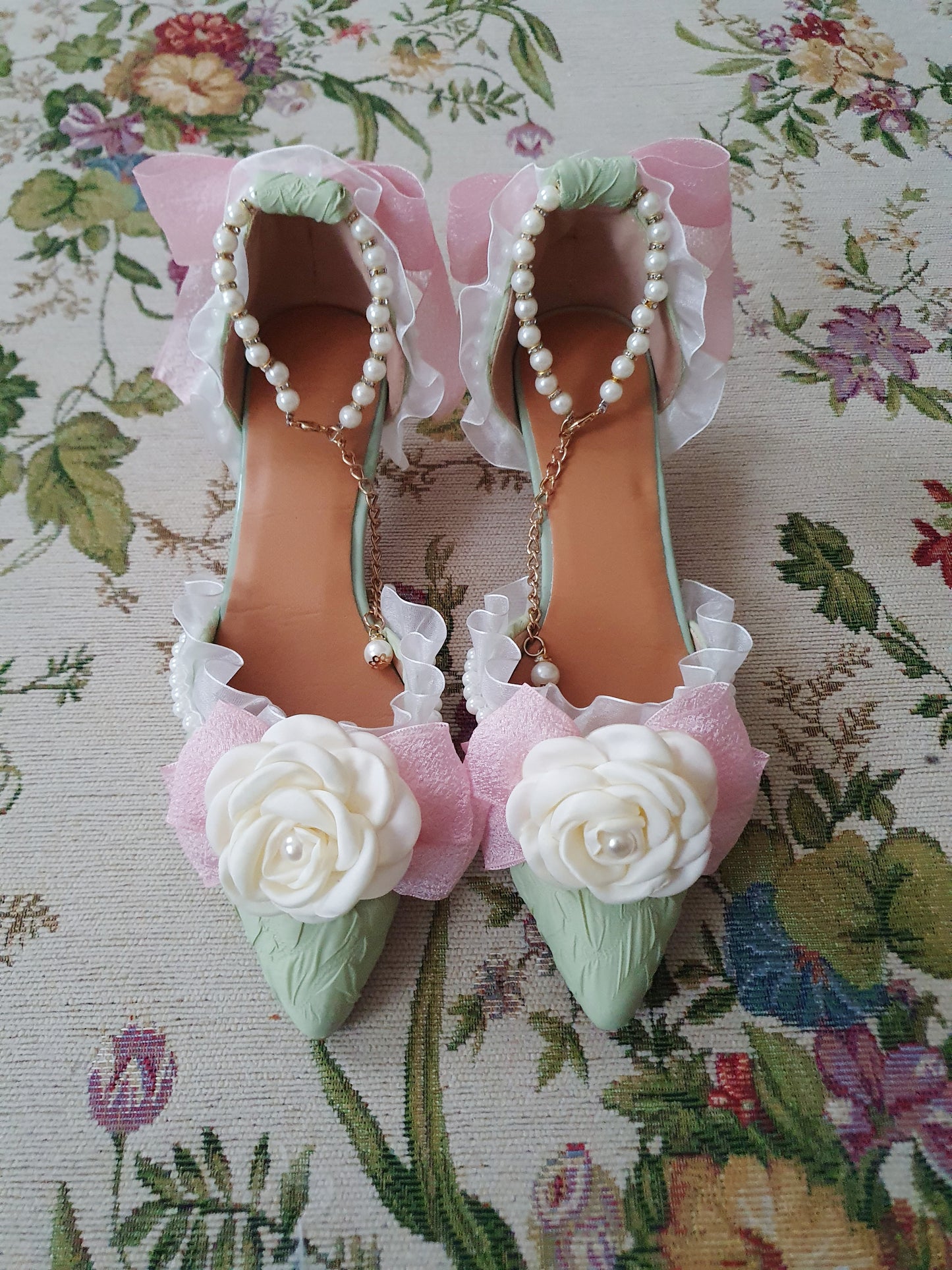 The Baroque Romance Heels In Green, Pink, and White