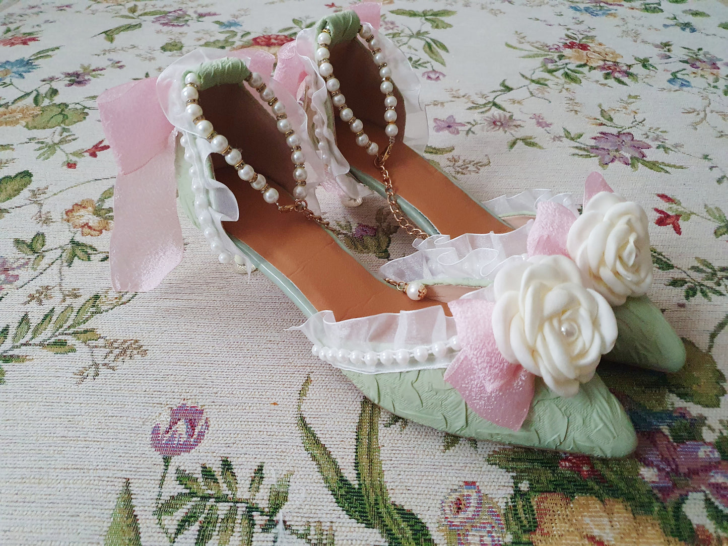 The Baroque Romance Heels In Green, Pink, and White