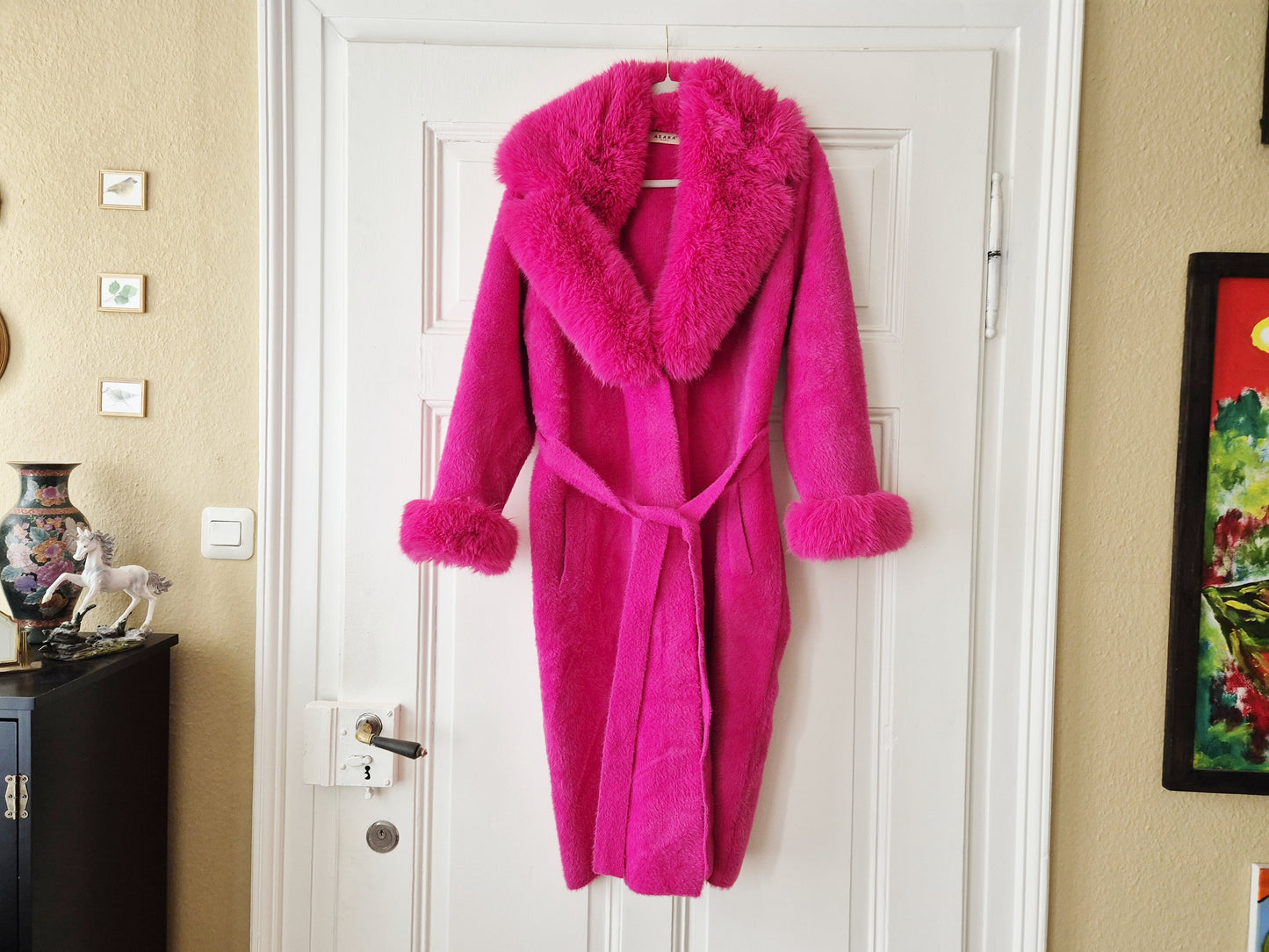 Authentic Vintage Pink Wool Coat with Fur Collar In Size S/M