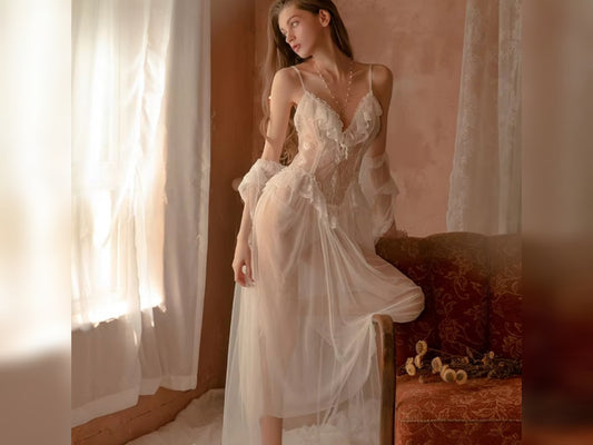 The Ethereal Bride Lace Nightgown and Kimono Set